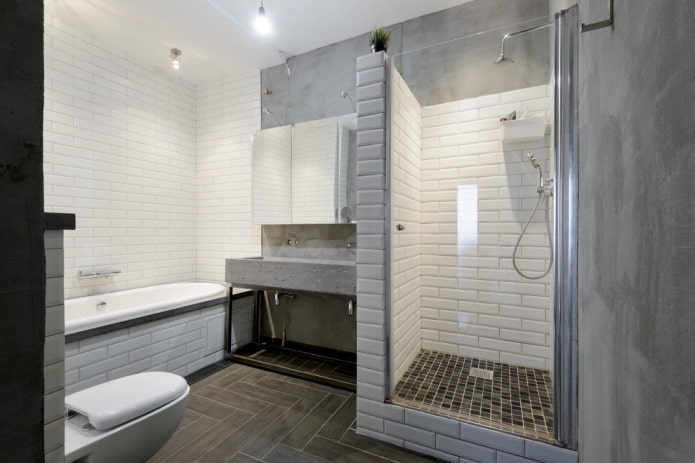 сочетание плитки и бетона в ванной комнате