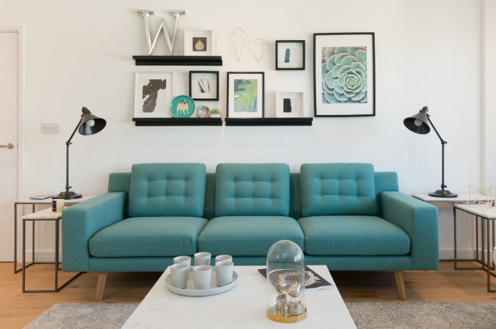 Бирюзовый диван в интерьере: виды, материалы мебели, цветовые оттенки, формы, дизайны, сочетания