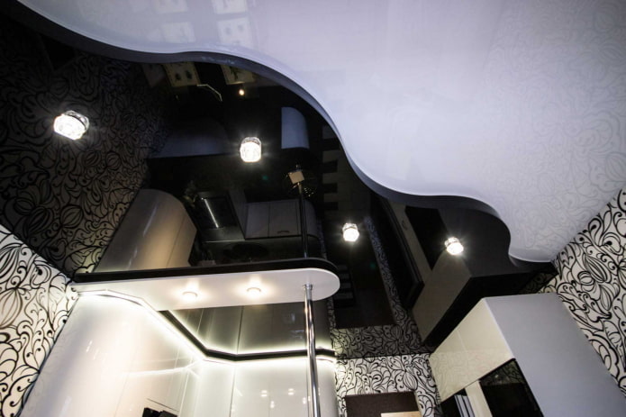 Черно-белый натяжной потолок: виды конструкций, фактуры, формы, варианты дизайна