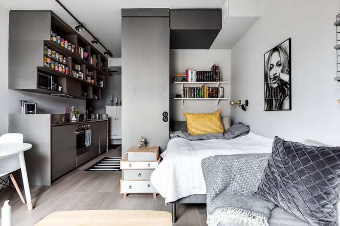 дизайн спальной зоны в интерьере однокомнатной квартиры