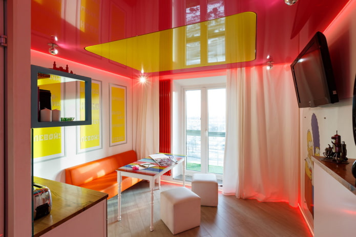 Двухцветный натяжной потолок: виды, сочетания, дизайн, формы крепления в двух цветах, фото в интерьере