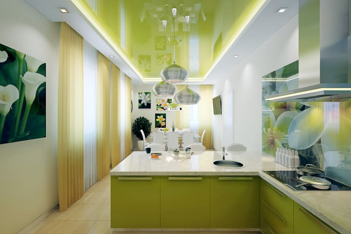 двухцветный натяжной дизайн на кухне