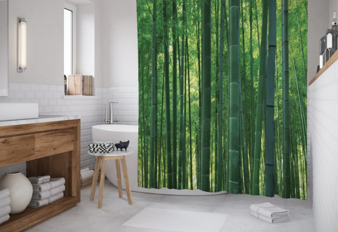 рисунок бамбукового леса на занавеске в ванной