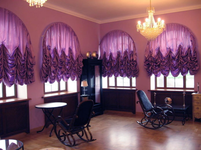 фиолетовые французские шторы в интерьере