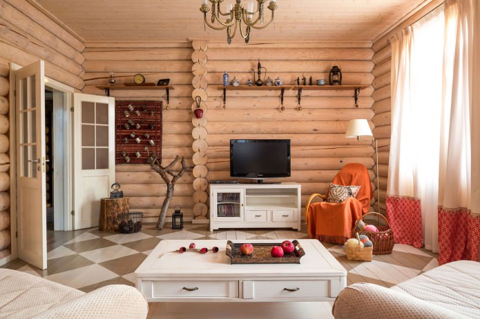 дизайн гостиной в деревянном доме