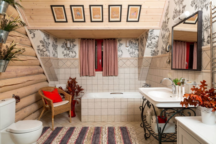 дизайн ванной комнаты в интерьере бревенчатого дома