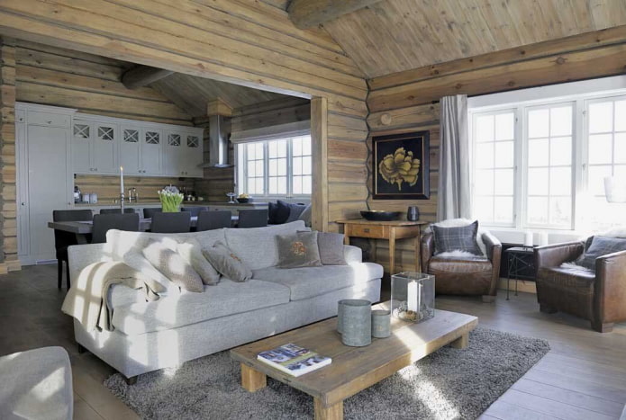 интерьер бревенчатого дома в скандинавском стиле