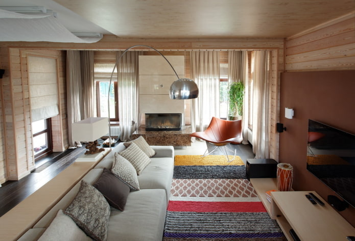 дизайн гостиной в интерьере бревенчатого дома