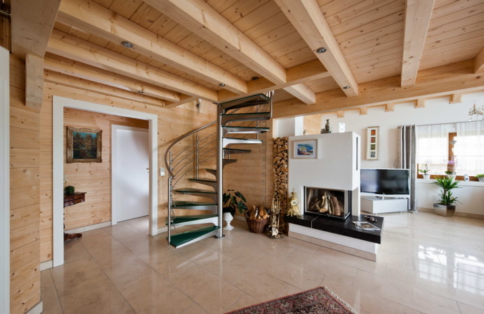 дизайн бревенчатого дома с лестницей
