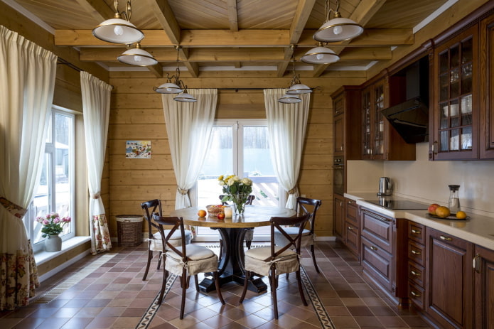 дизайн кухни в интерьере бревенчатого дома