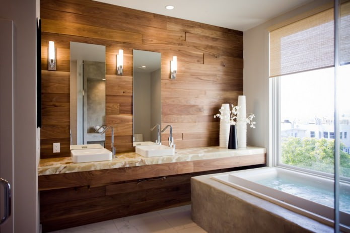 деревянная отделка стен в ванной комнате