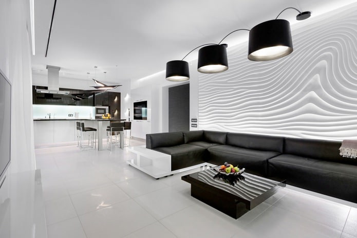 черно-белый дизайн интерьера кухни-гостиной