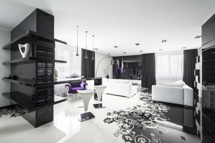 черно-белый интерьер комнаты с добавлением фиолетового
