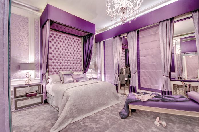 Сиренево-фиолетовый в интерьере роскошной спальни