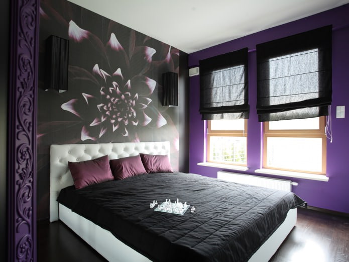Черно-фиолетовый интерьер спальни
