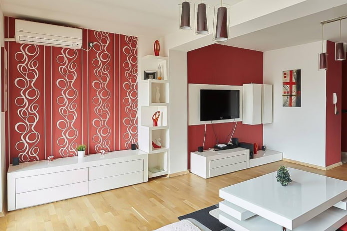 Красные обои в интерьере: виды, дизайн, сочетание с цветом штор, мебели