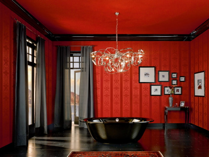 черный пол в просторной красной ванной комнате