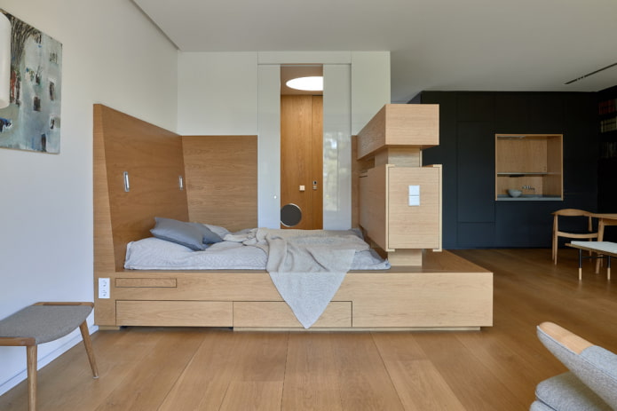 кровать на подиуме в однокомнатной квартире