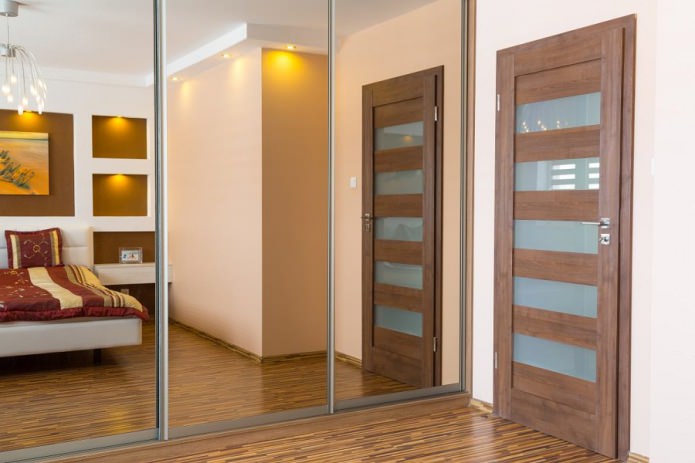 Интерьер спальни деревянная межкомнатная дверь со стеклянными панелями