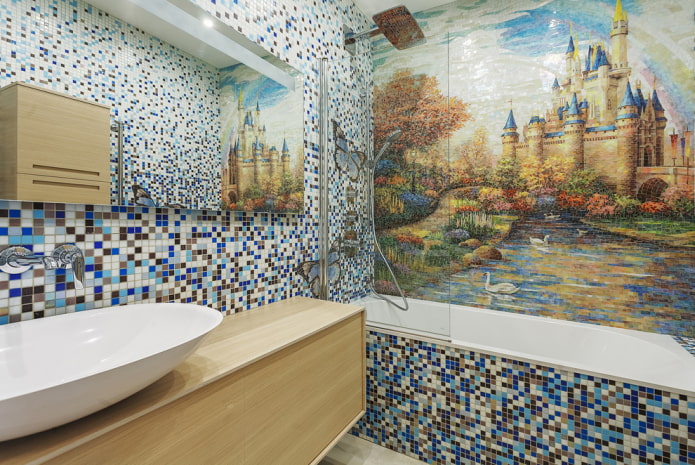мозаичные панели и интерьер ванной комнаты