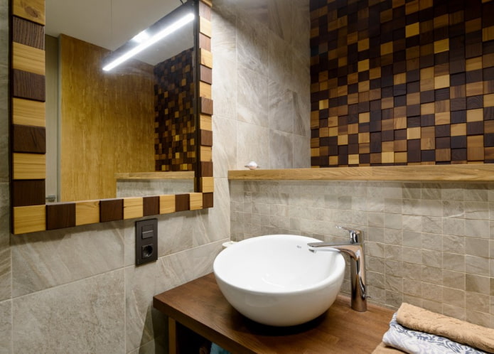 деревянная мозаика в ванной комнате