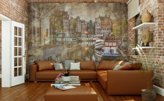 панно с изображением Амстердама в гостиной