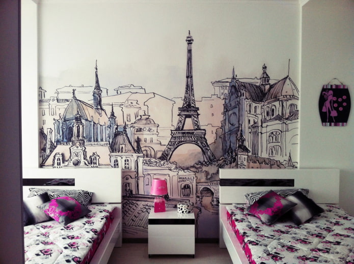 обои с изображением Парижа в интерьере гостиной