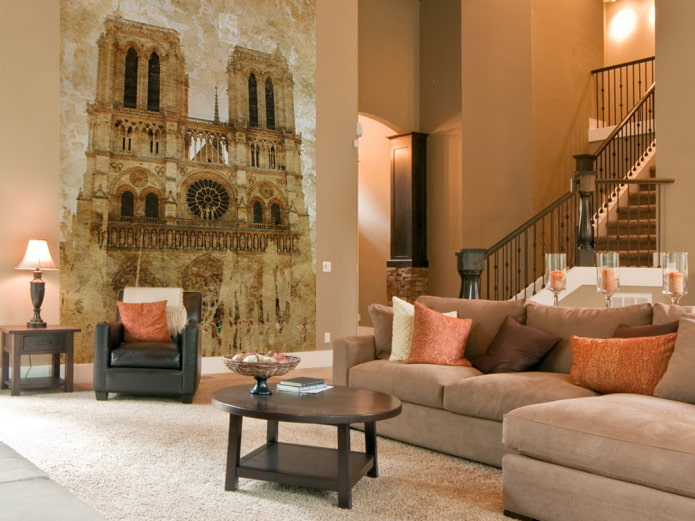 фотообои с изображением Собора Парижской Богоматери в интерьере гостиной