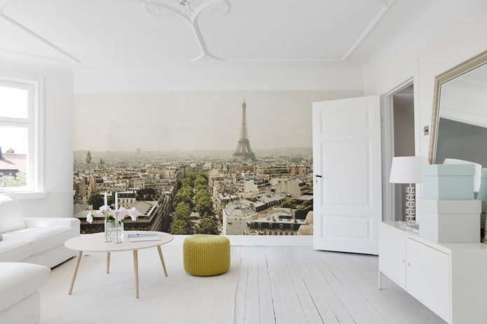 панно с изображением Парижа в интерьере гостиной