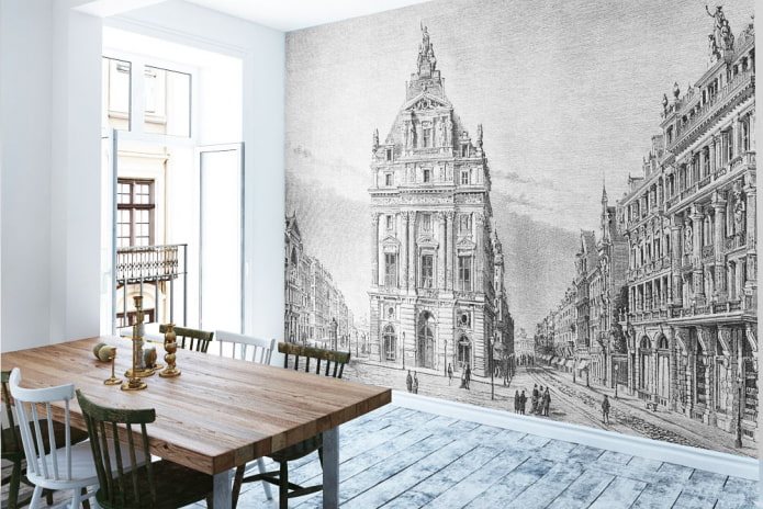 обои с изображением старого города в интерьере кухни