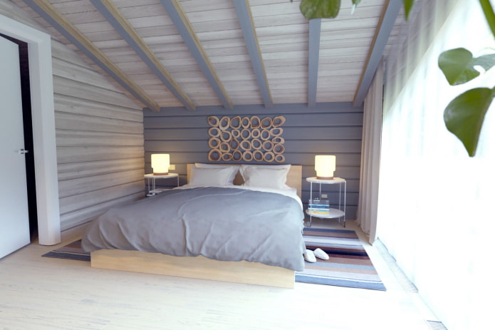 бело-фиолетовая спальня в деревянном доме