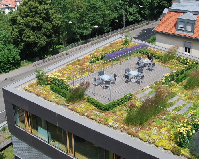 эксплуатируемая крыша с садом и столом