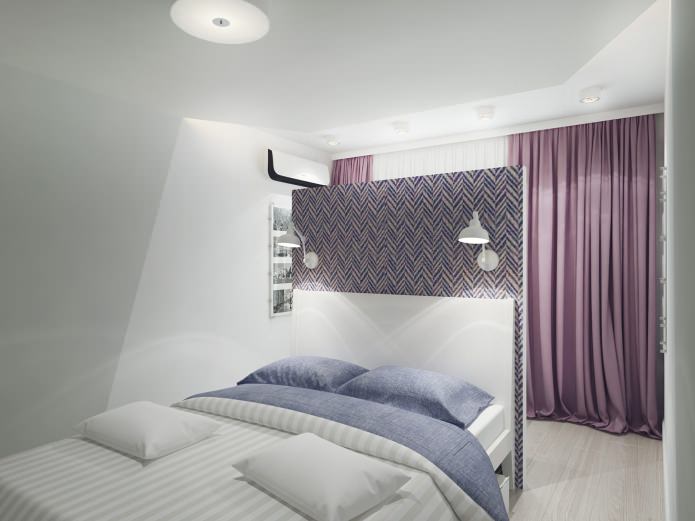 интерьер спальни с фиолетовыми шторами