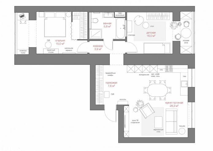 план трехкомнатной квартиры 80 кв м с расстановкой мебели