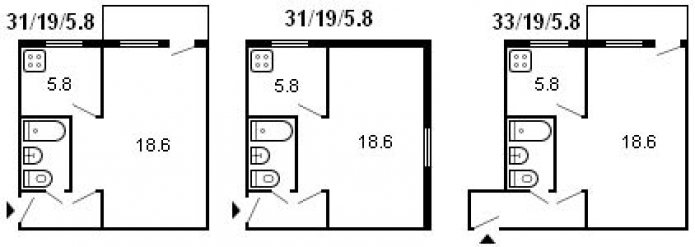 планировка 1-комнатной хрущевки, серия 434, 1958 г