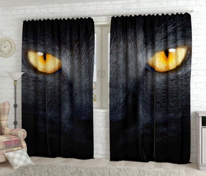 длинные 3д шторы с изображением кошачьих глаз