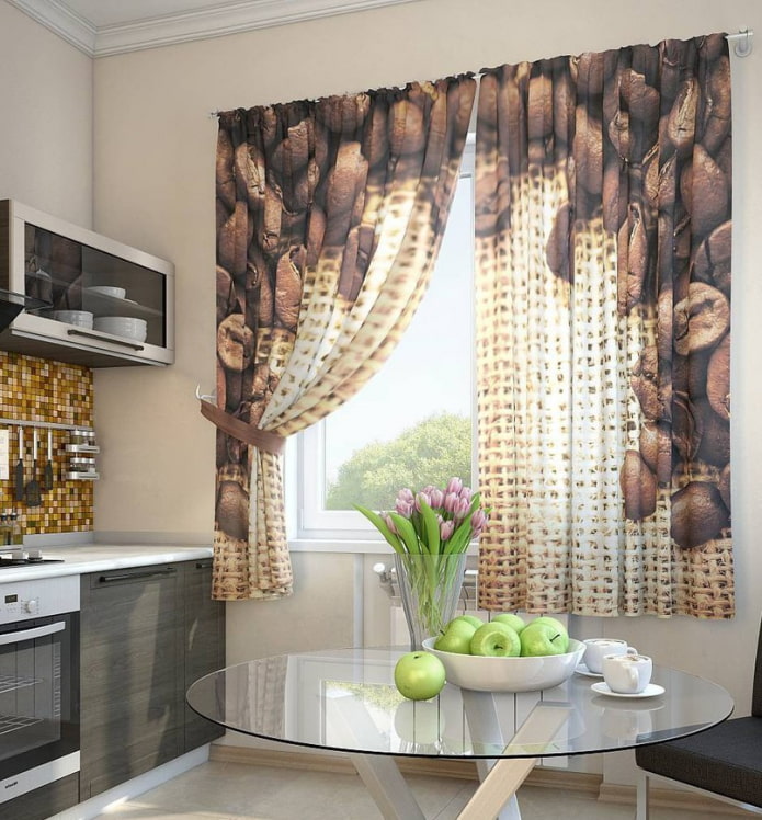 шторы с изображением кофейных зерен на кухню