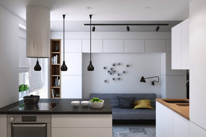 дизайн кухни-гостиной в однокомнатной квартире 43 кв м.