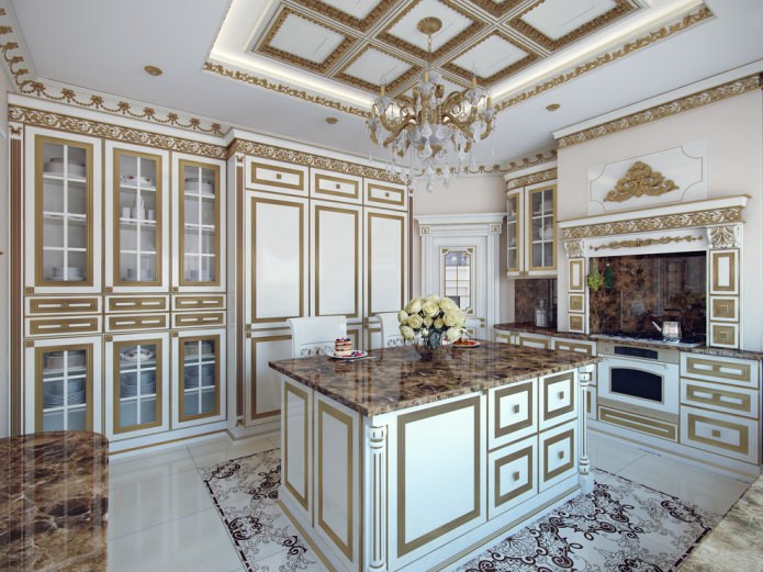 белая кухня с золотой отделкой
