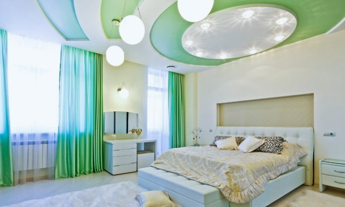 бело-зеленый дизайн потолка в спальне